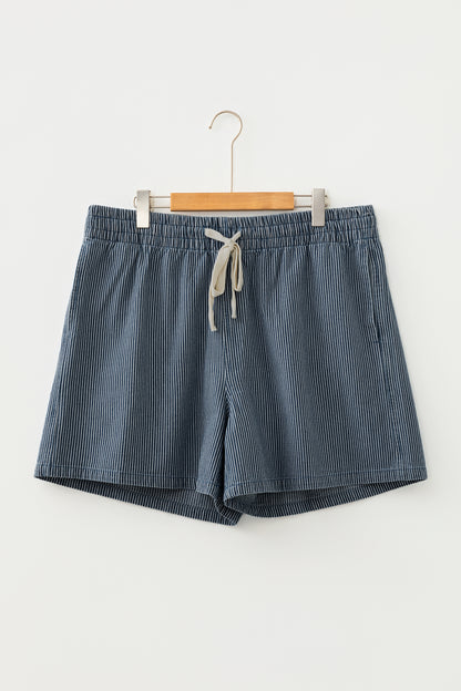 Blue Stripe Contrast Drawstring Elastic Waist Denim Shorts
