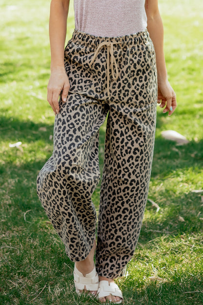 Khaki Leopard Print Drawstring Elastic Waist Loose Denim Pants