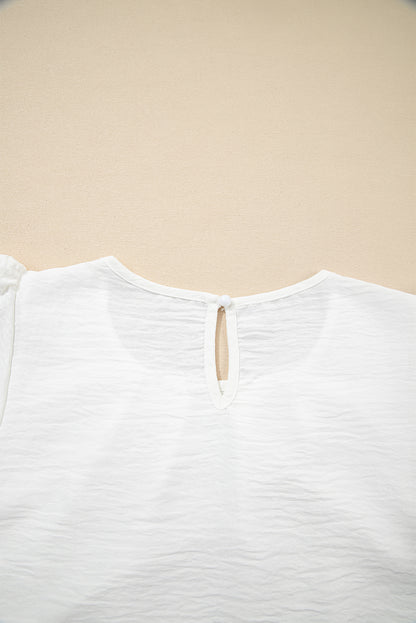 White Flounce Sleeve Pleated Textured Blouse (Extended Sizes)