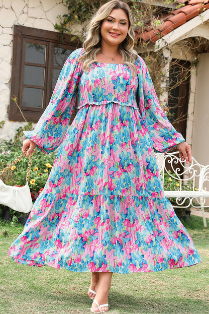Sky Blue Floral Allover Print Shirred Square Neck Maxi Dress