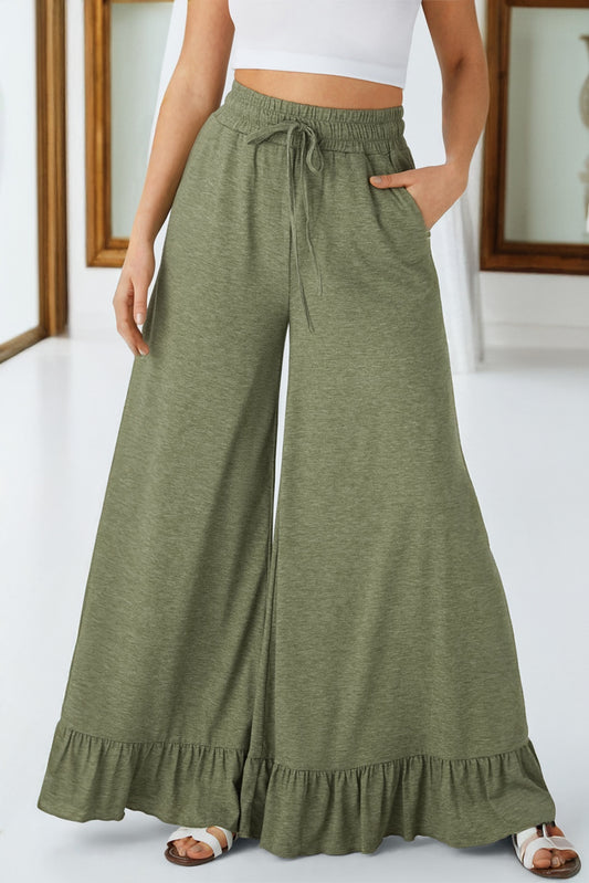 Ruffled Wide Leg Pull On High Waist Pants with Pockets (Other Colors)(Extended Sizes)