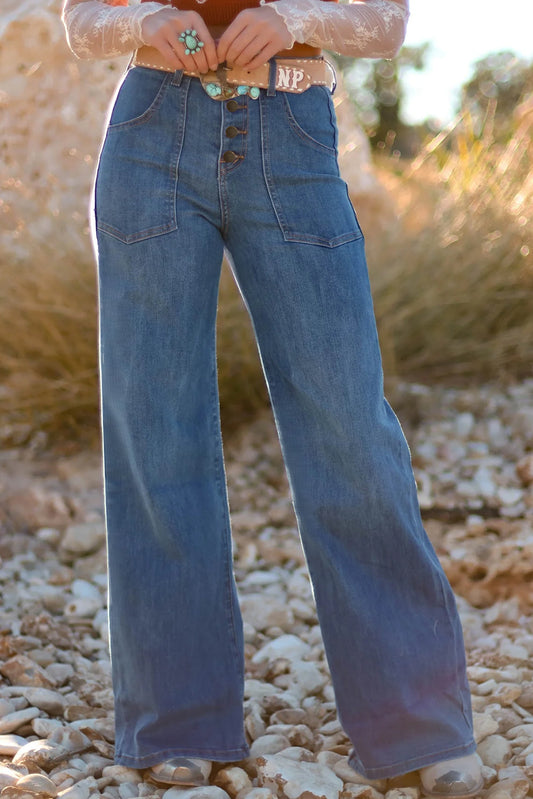 Ashleigh Blue Multi Buttons High Waist Wide Leg Jeans With Pockets (Extended Sizes)