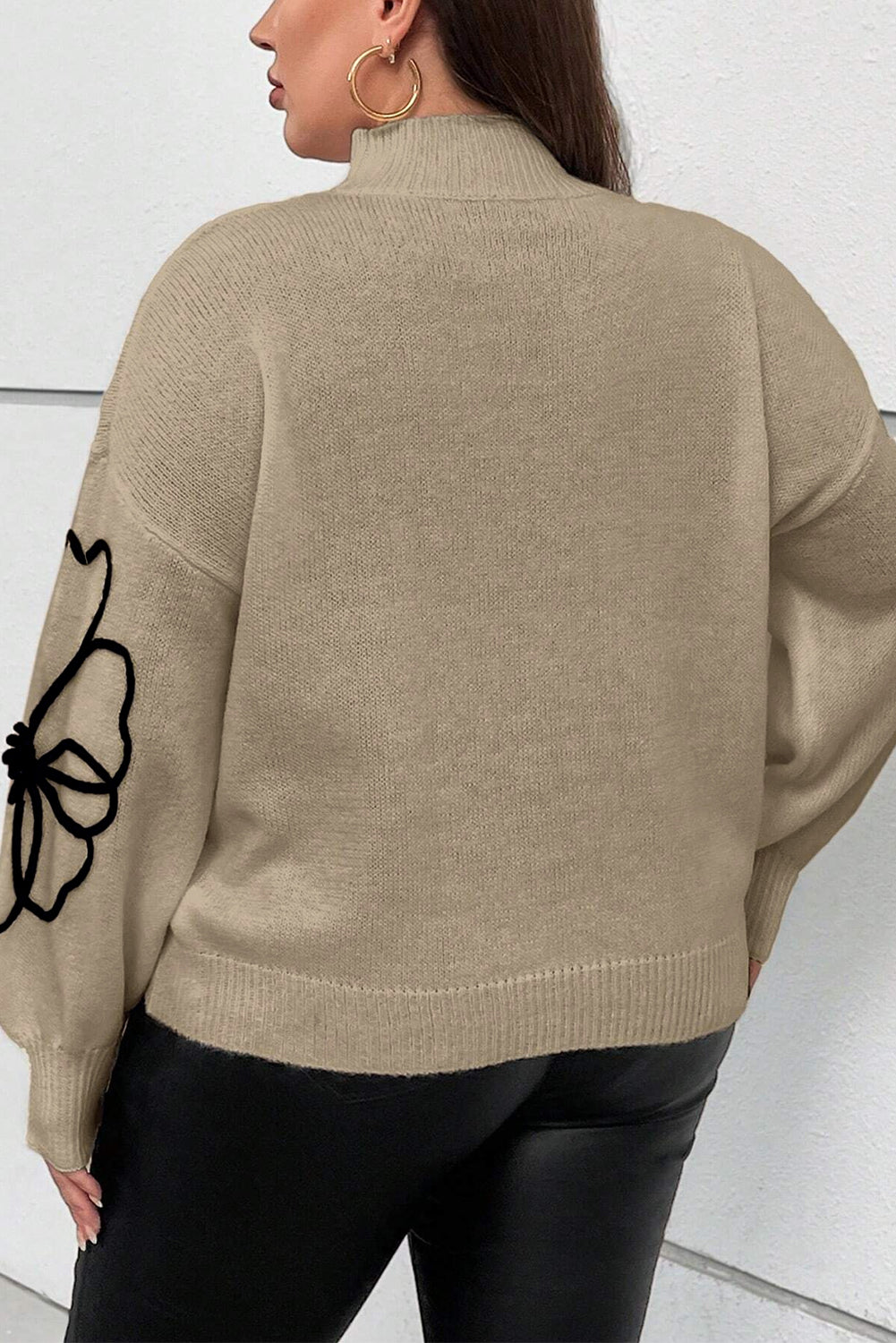Dark Khaki Big Flower Pattern High Neck Drop Shoulder Sweater