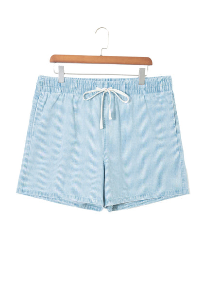 Blue Stripe Contrast Drawstring Elastic Waist Denim Shorts