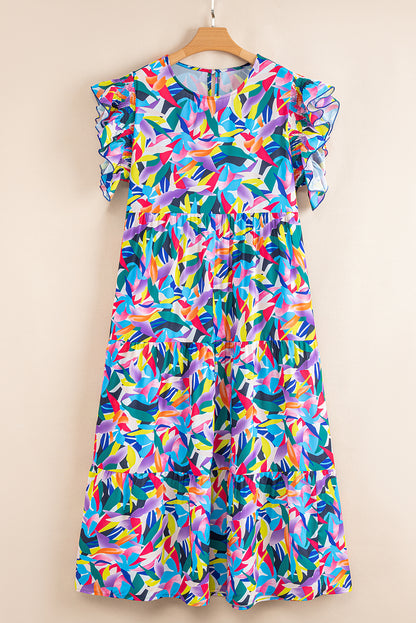 Blue Geometric Print Ruffled Short Sleeve Tiered Maxi Dress