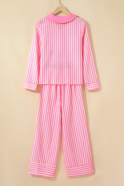 Pink Stripe Buttoned Long Sleeve 2 Piece Sleepwear