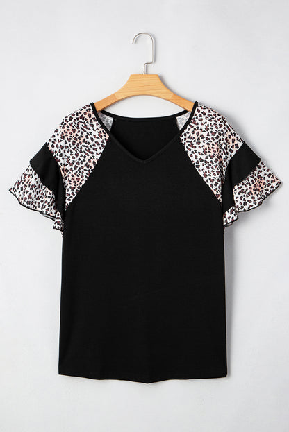 Black Leopard Ruffle Patchwork Sleeve Summer Top