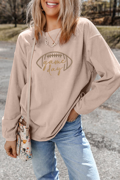 Apricot Rugby Game Day Embroidered Corduroy Sweatshirt (Extended Sizes)