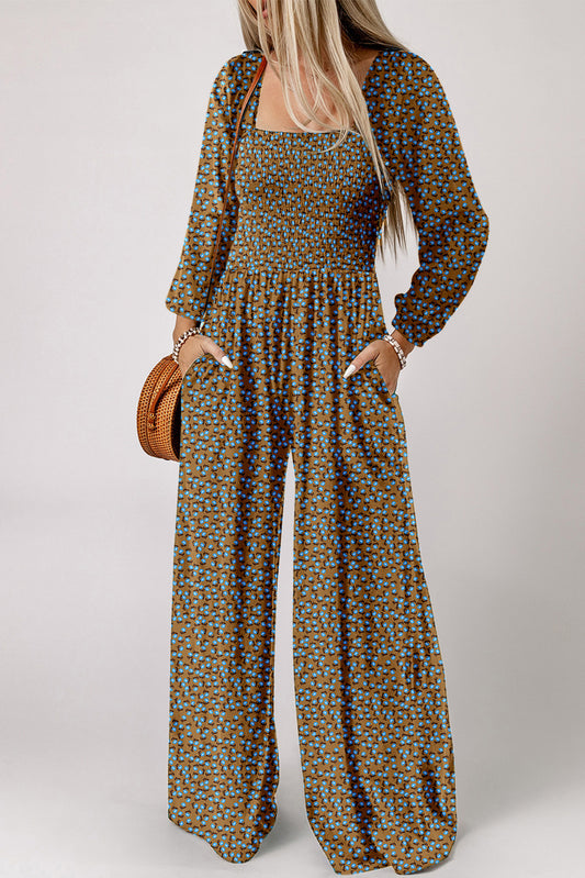 Brown Floral Print Western Smocked Bodice Square Neck Wide Leg Jumpsuit (Extended Sizes)