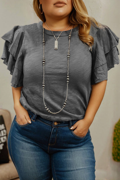 Dark Grey Double Ruffled Short Sleeve Top