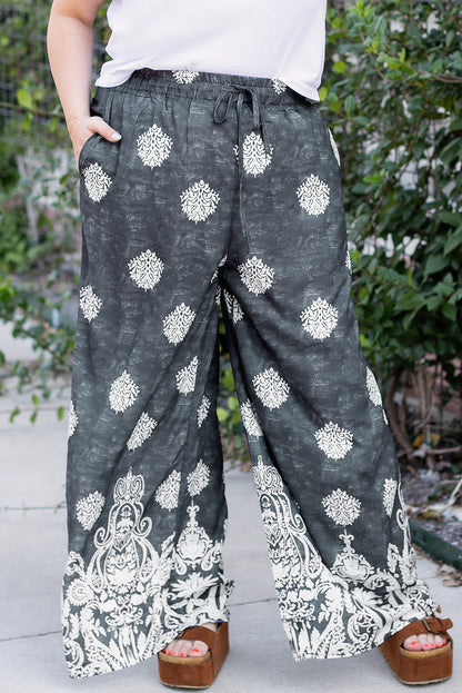 Black Geometric Ethnic Print Drawstring Wide Leg Pants