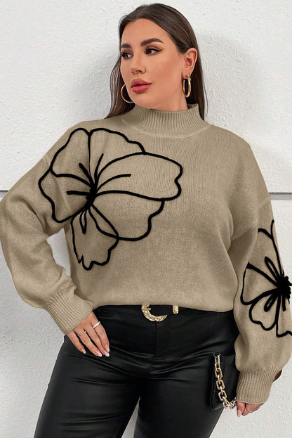 Dark Khaki Big Flower Pattern High Neck Drop Shoulder Sweater