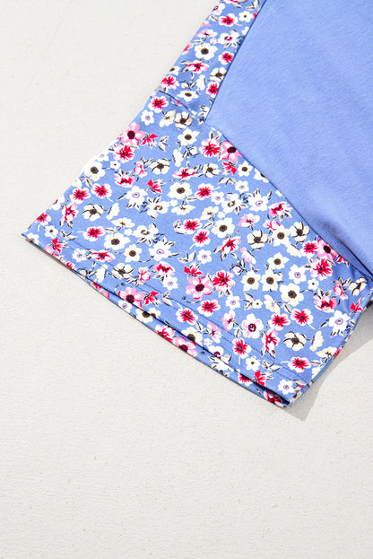 Sky Blue Floral Patchwork Chest Pocket Crewneck T Shirt