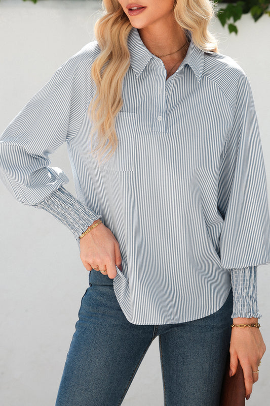 Gray Pinstripe Long Sleeve Smocked Cuffs Button Shirt Collar Blouse