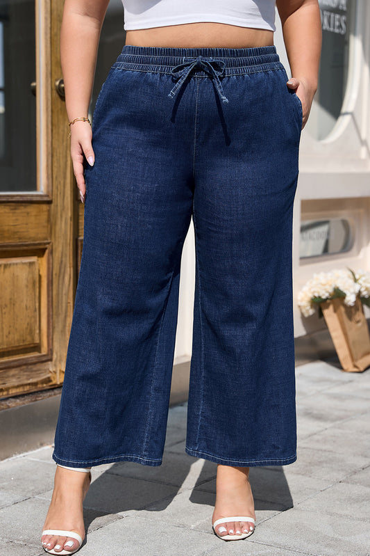 Real Teal Drawstring High Waist Wide Leg Casual Jeans