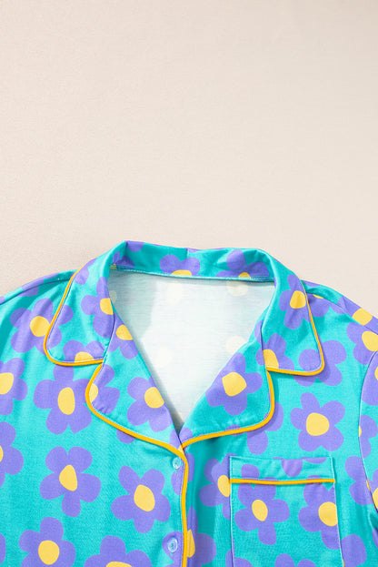 Green Flower Print Short Sleeve Shirt Pajamas Set (Extended Sizes)