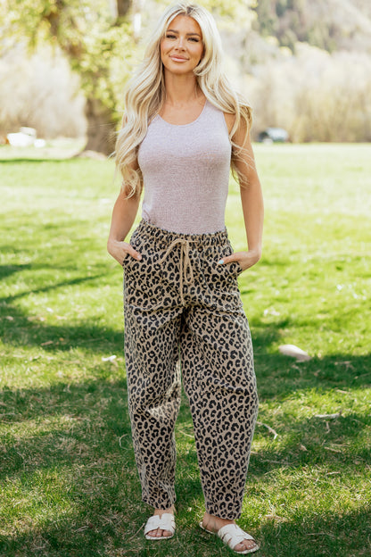 Khaki Leopard Print Drawstring Elastic Waist Loose Denim Pants