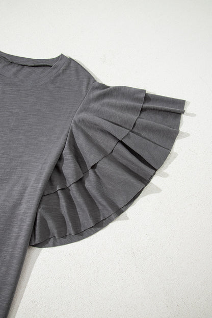 Dark Grey Double Ruffled Short Sleeve Top
