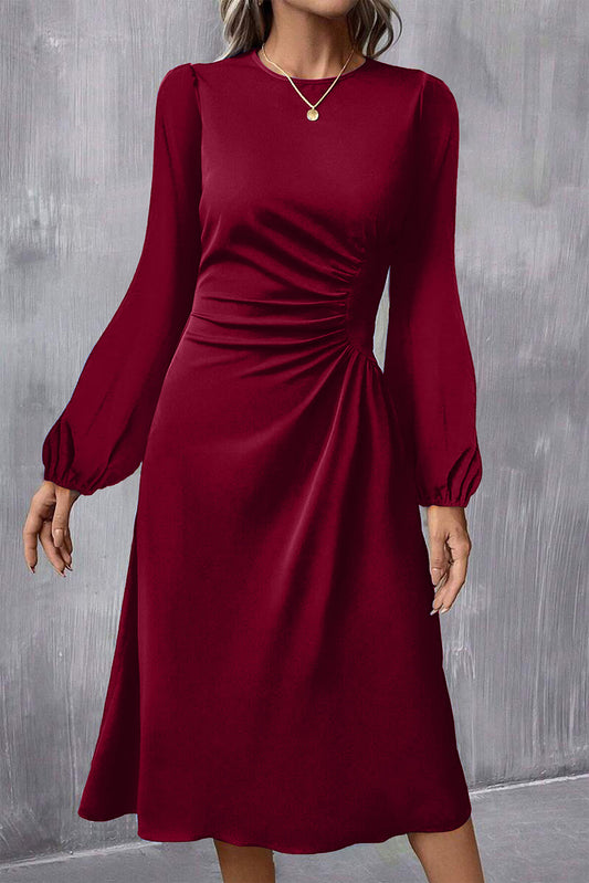 Burgundy Solid Color Ruched Detail Long Sleeve Midi Dress (Extended Sizes)