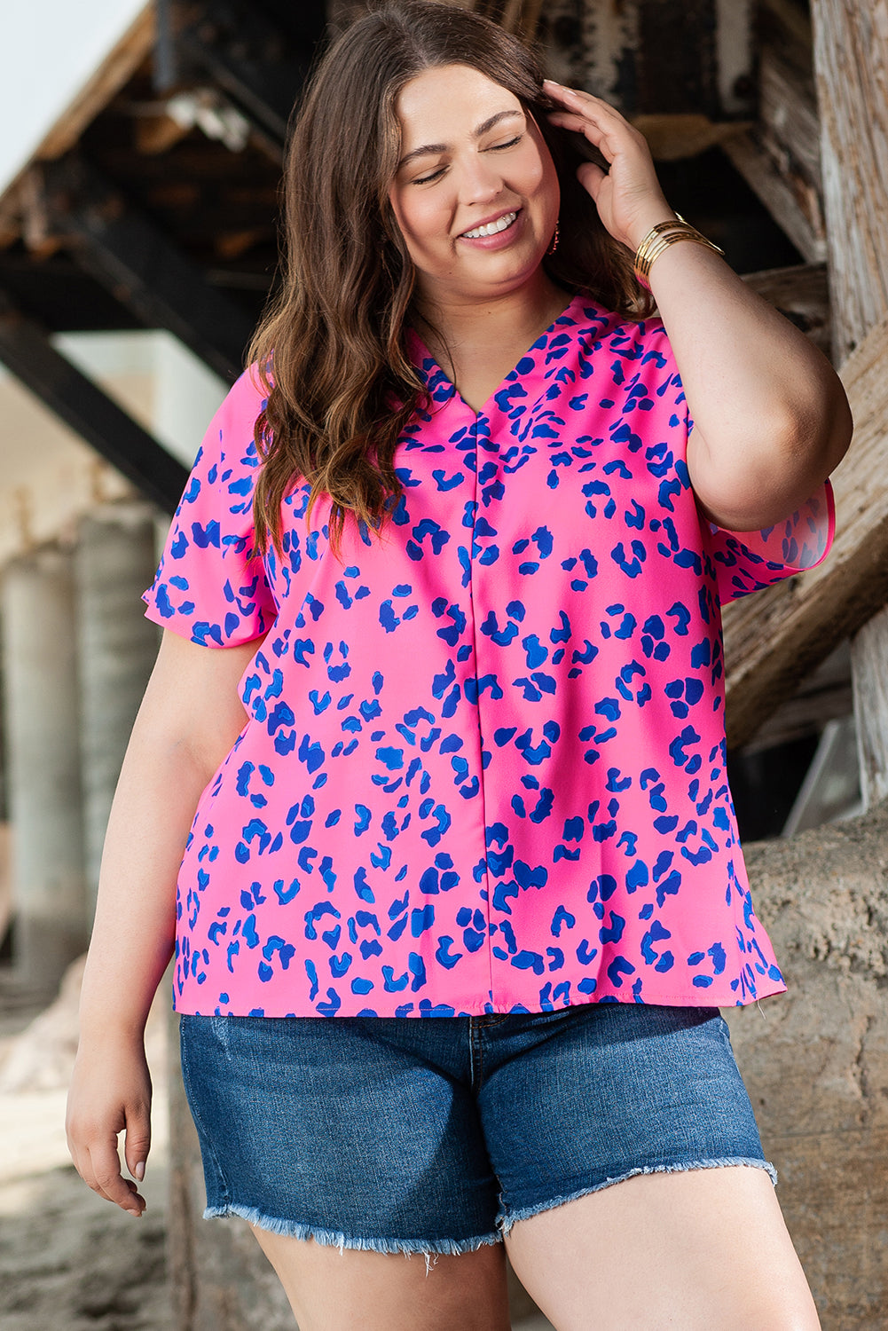 Rose Contrast Leopard Print V Neck Blouse