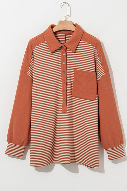 Red Stripe Textured Patched Drop Shoulder Buttoned Sweatshirt