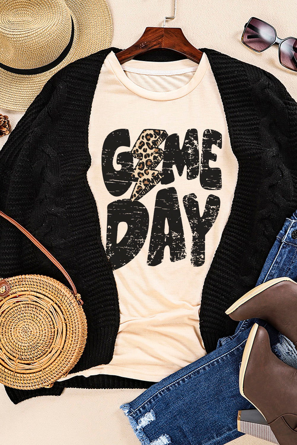 Khaki Game Day Rugby Football Season Leopard Lightning T Shirt (Extended Sizes)
