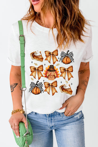 White Cute Bowknot Tanksgiving Graphic Crewneck T Shirt (Extended Sizes)