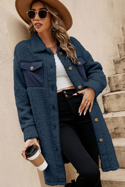 Blue Contrast Flap Pocket Single Breasted Teddy Coat (Extended Sizes)