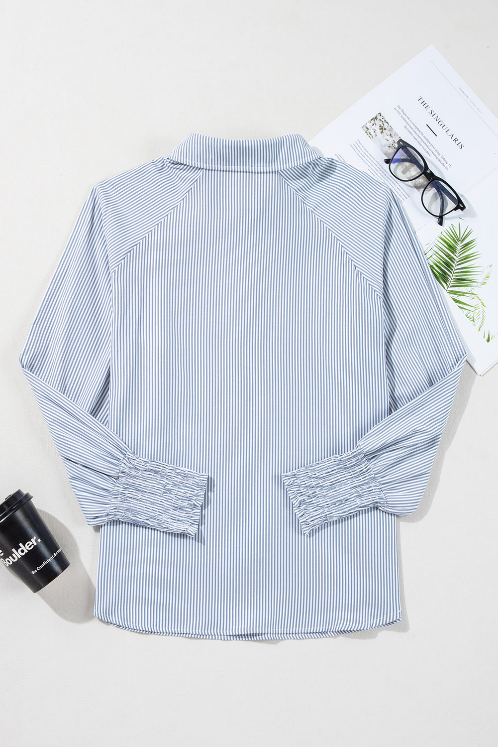Gray Pinstripe Long Sleeve Smocked Cuffs Button Shirt Collar Blouse