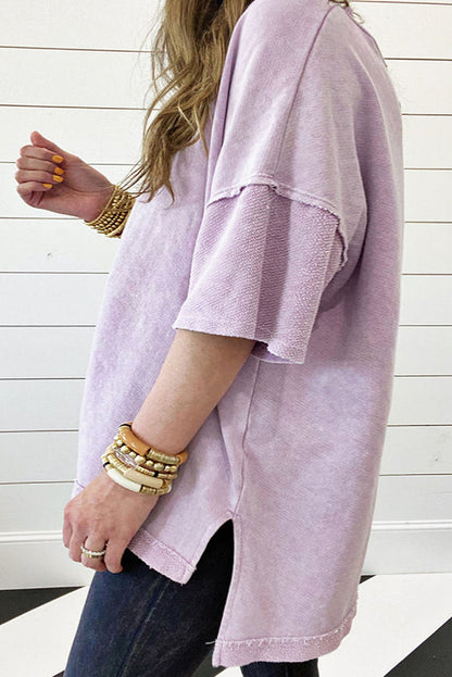 Orchid Petal Mineral Wash Drop Sleeve Patchwork Tee