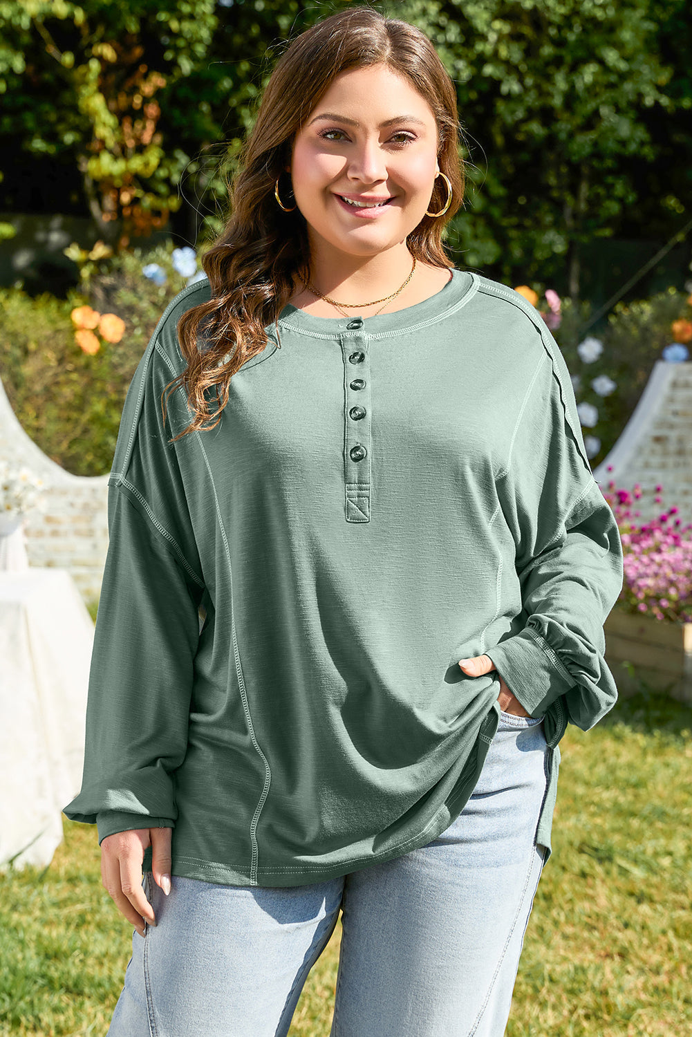 Seagrass Exposed Seam Drop Shoulder Henley Top