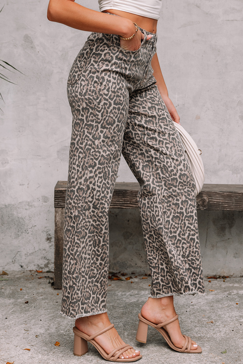 Leopard Frayed Edge Wide Leg High Waist Jeans (Other Colors)