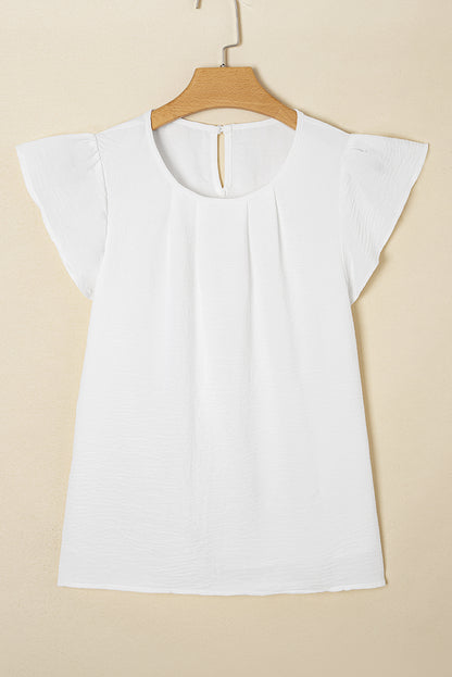 White Flounce Sleeve Pleated Textured Blouse (Extended Sizes)