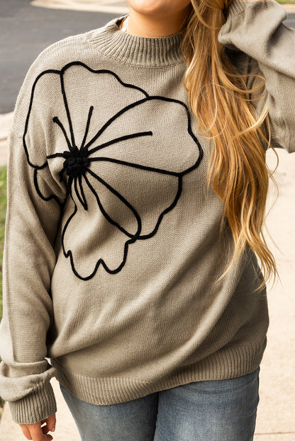 Dark Khaki Big Flower Pattern High Neck Drop Shoulder Sweater