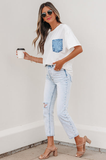 Color Block Chest Pocket Patched Casual Short Sleeve Top (Other Color)