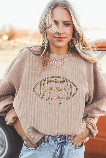 Apricot Rugby Game Day Embroidered Corduroy Sweatshirt (Extended Sizes)