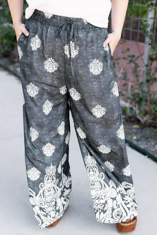 Black Geometric Ethnic Print Drawstring Wide Leg Pants