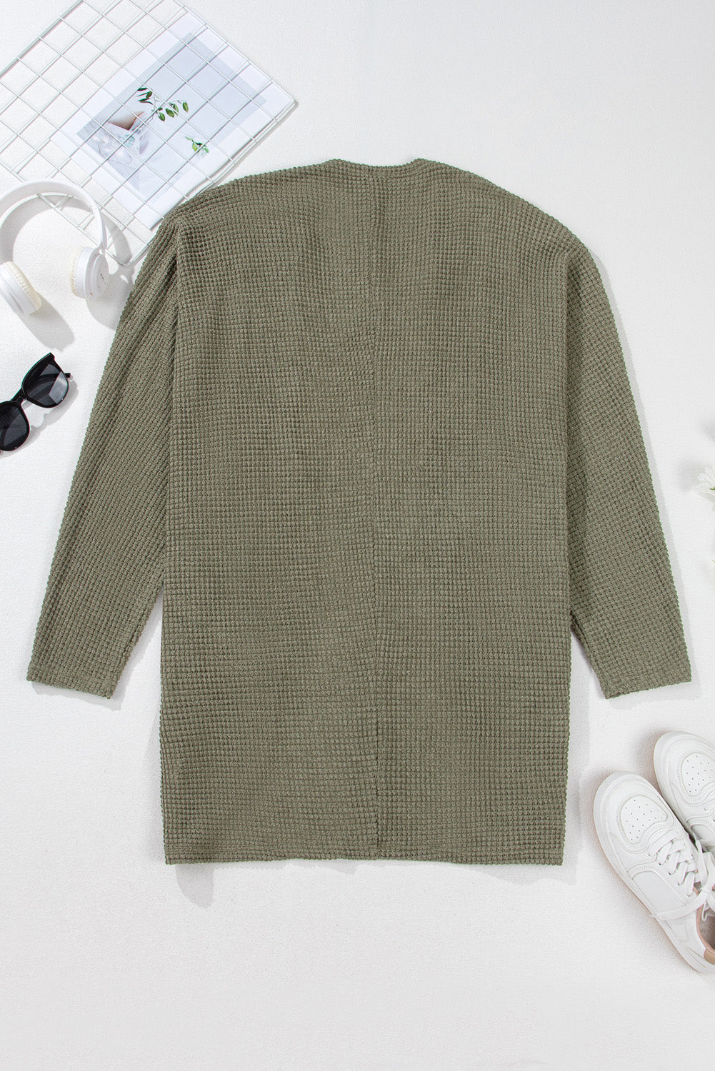 Seagrass Waffle Knit Drop Shoulder Open Front Pocketed Cardigan