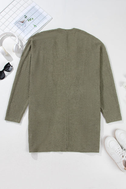 Seagrass Waffle Knit Drop Shoulder Open Front Pocketed Cardigan