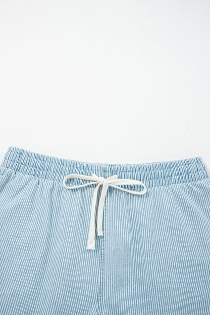 Blue Stripe Contrast Drawstring Elastic Waist Denim Shorts
