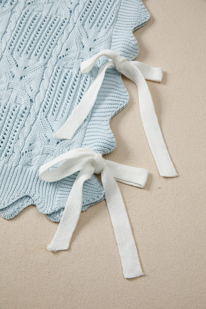 Bonbon Pointelle Knit Patterned Scalloped Trim Short Sleeve Sweater (Other Colors)