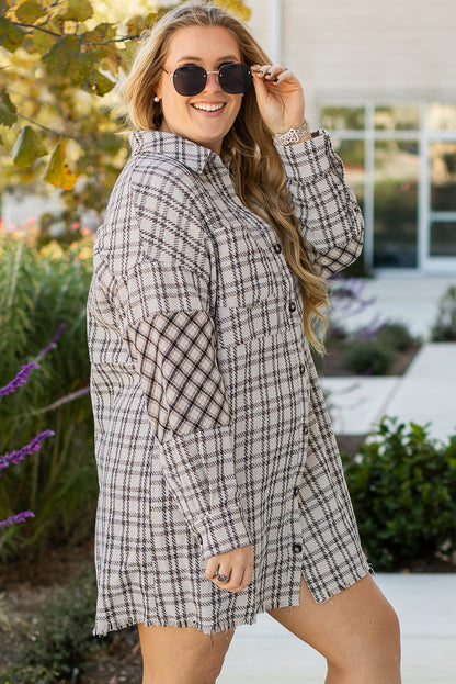 White Stripe Plaid Buttoned Raw Hem Tunic Shirt Dress