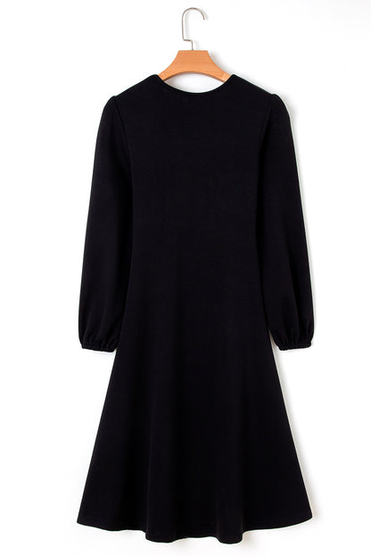 Black Solid Color Ruched Detail Long Sleeve Midi Dress (Extended Sizes)