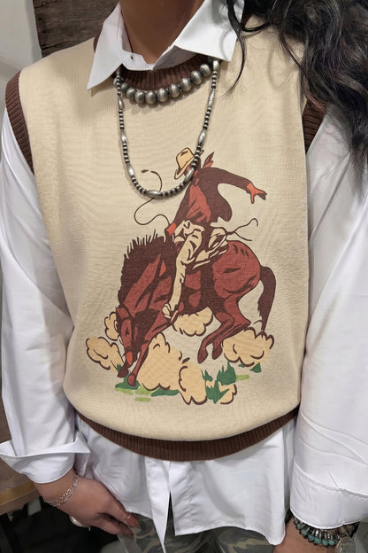Western Print Color block Trim Sleeveless Knitwear Vest