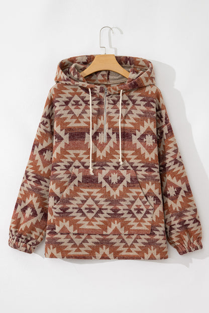 Red Western Fashion Aztec Patterned Half Zip High Neck Hoodie
