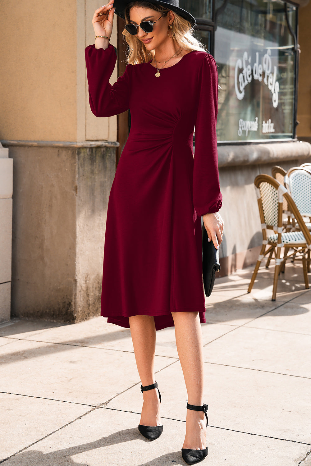 Burgundy Solid Color Ruched Detail Long Sleeve Midi Dress (Extended Sizes)