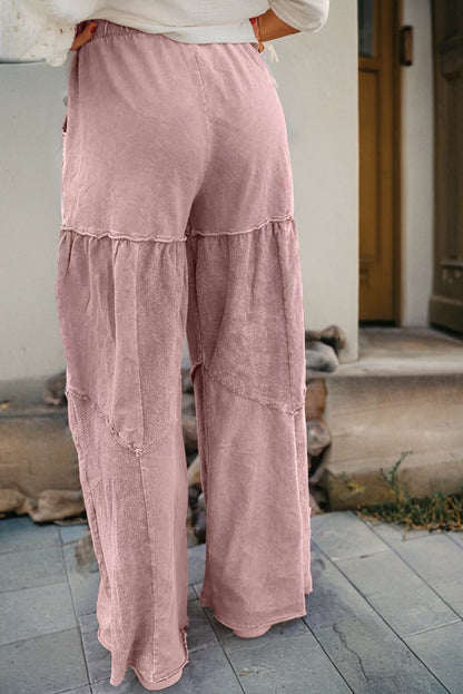 Black Mineral Wash Tiered Wide Leg Patchwork Drawstring Pants