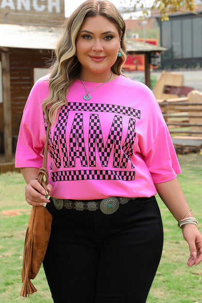 Bright Pink Checker MAMA Letter Printed Graphic T-Shirt
