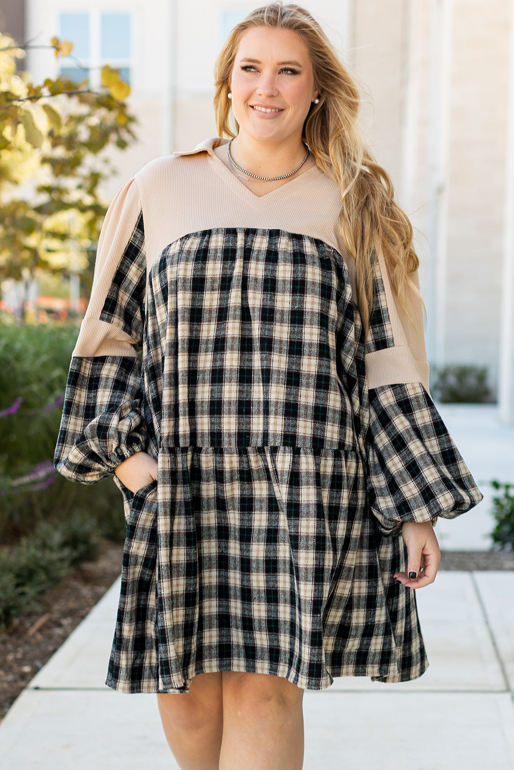 Black Plaid Waffle Knit Patchwork Collared V Neck Mini Dress