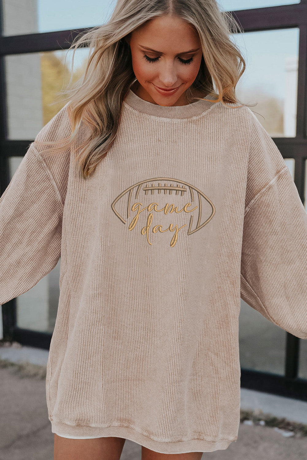 Apricot Rugby Game Day Embroidered Corduroy Sweatshirt (Extended Sizes)
